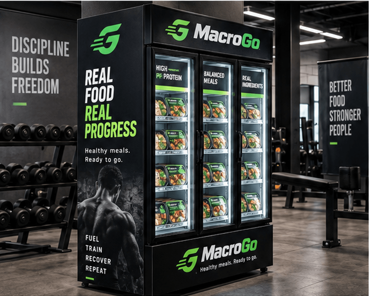 Freezer MacroGo instalado dentro de un gimnasio